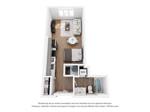 a stylized floor plan with a bedroom and a living room